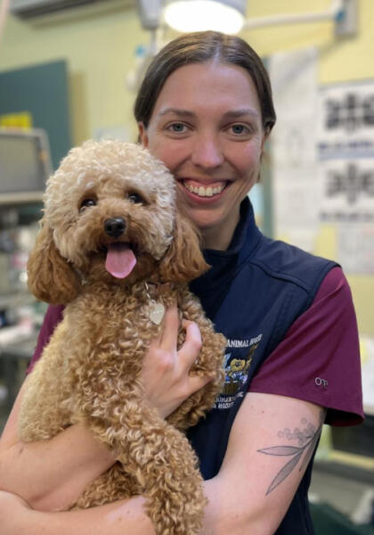 A female vet nurse and a pet dog at Torquay Animal House Vet Clinic & Hospital
